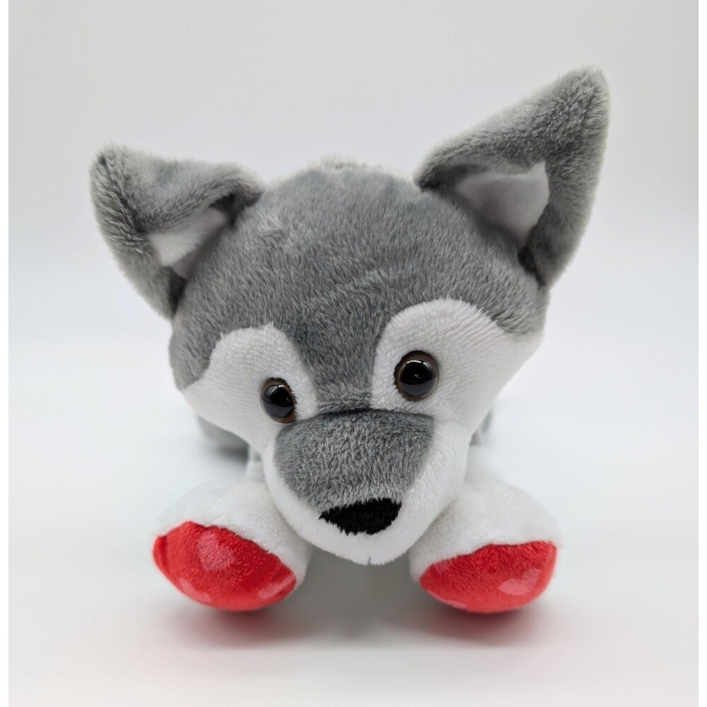 MTY International Grey & White Plush Husky Puppy Dog w/ Red Pink Heart Paws 9"